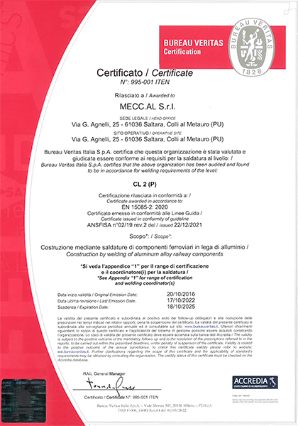 Certificato EN 15085-2 - Saldature di componenti ferroviari in lega di alluminio