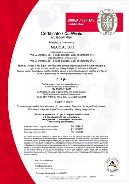 Certificate EN 15085-2 - Welding of aluminum alloy railway components